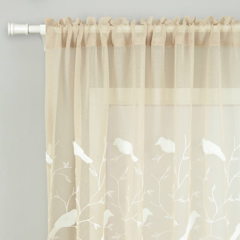 VOGOL Sheer Curtains 96 Inches Long, Taupe Sheer Curtains Rod Pocket Bird Embroidered Curtains for Living Room/Bedroom, W60X L96, 2 Pieces - Image 3